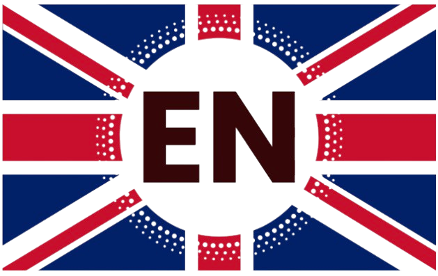 Stylized British flag with central black circle containing bold letters EN in dark red.
