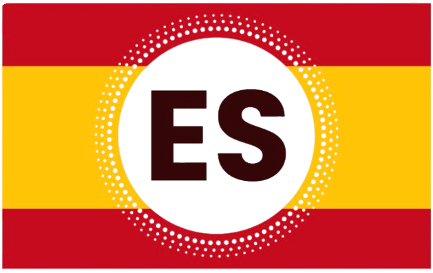 Spanish flag with red and yellow stripes and black circle in center with letters ES.
